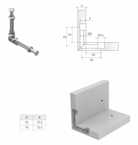 Болт мініфікса кутовий двостороній Ø8мм 45х45 мм, цинк Болт мініфікса кутовий двостороній Ø8мм 45х45 мм, цинк